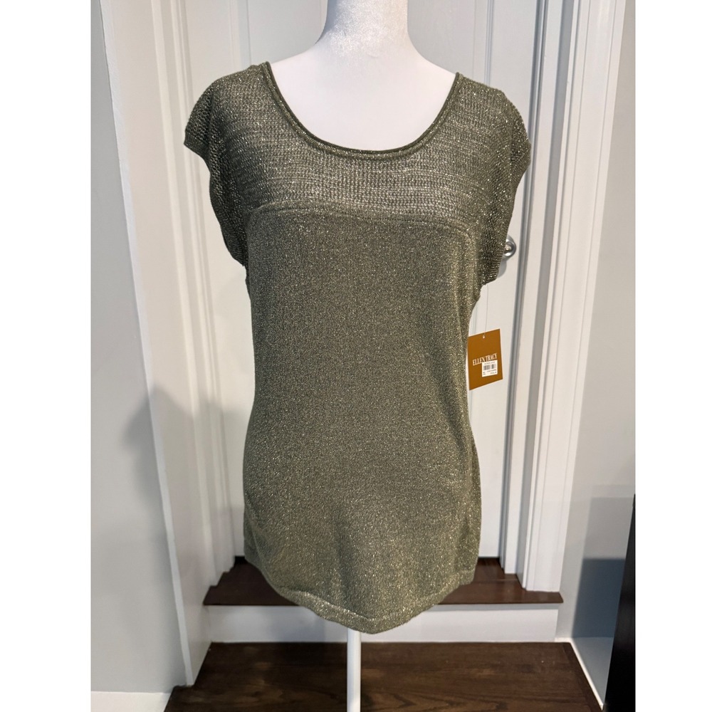 Ellen Tracy Patina Metallic Knit Short Sleeve Scoop‎ Neck Top CF7S58751R